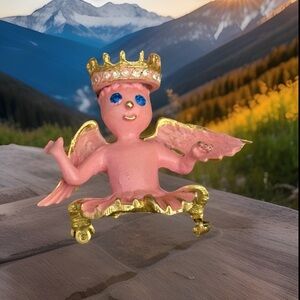 VTG CELESTE Pink Enamel Angel/Cherub Crowned Brooch Pin Angel on Your Shoulder